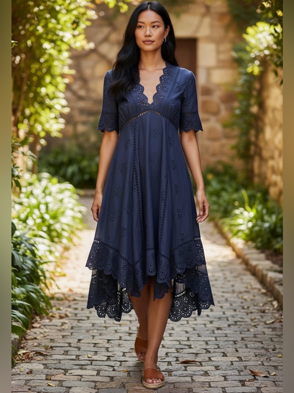 Catherine Malandrino Navy Eyelet Cotton Silk Midi Dress Size 2 NWT